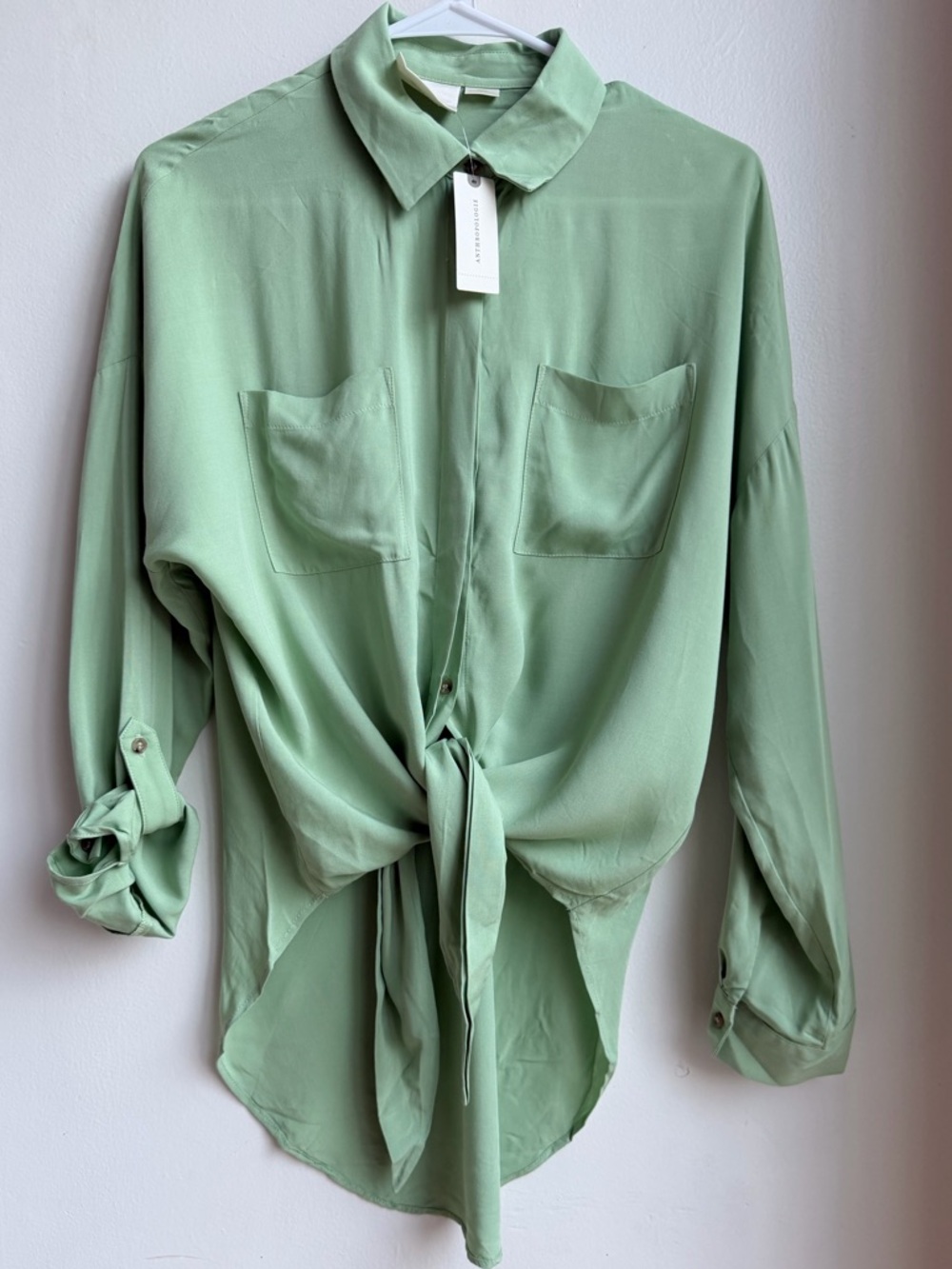 Maeve by Anthropologie Sage Green Button Down Tie Front Shirt Size Small NEW